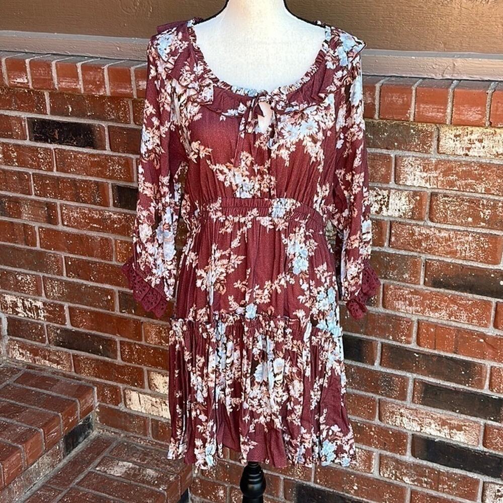 SHABBY CHIC Winnie Floral Print 3/4 Sleeve Scoop Neck Tiered Ruffle Hem Dress M